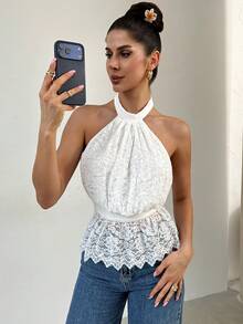 Firerie 女士浪漫性感优雅花卉蕾丝露背系带吊带背心，夏季 - 白色 - 查看 10