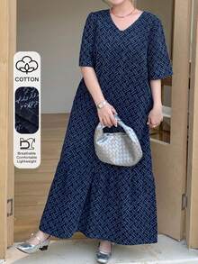 Dazy Plus 时尚V领宽松短袖休闲拼接荷叶边长款牛仔连衣裙，适合大码女性穿着。 - 藍色 - 查看 1