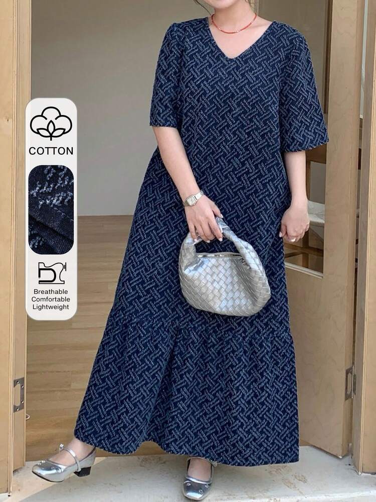 Dazy Plus Fashionable V-Neck Loose Short Sleeve Casual Patchwork Frill Trim Long Denim Dress For Plus Size Women Maxi Dress