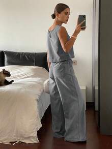 Livesso Conjunto casual de verano para mujer con top sin mangas de cuello redondo y pantalones vaqueros de pierna ancha con cordón en la cintura - Gris - Ver 2