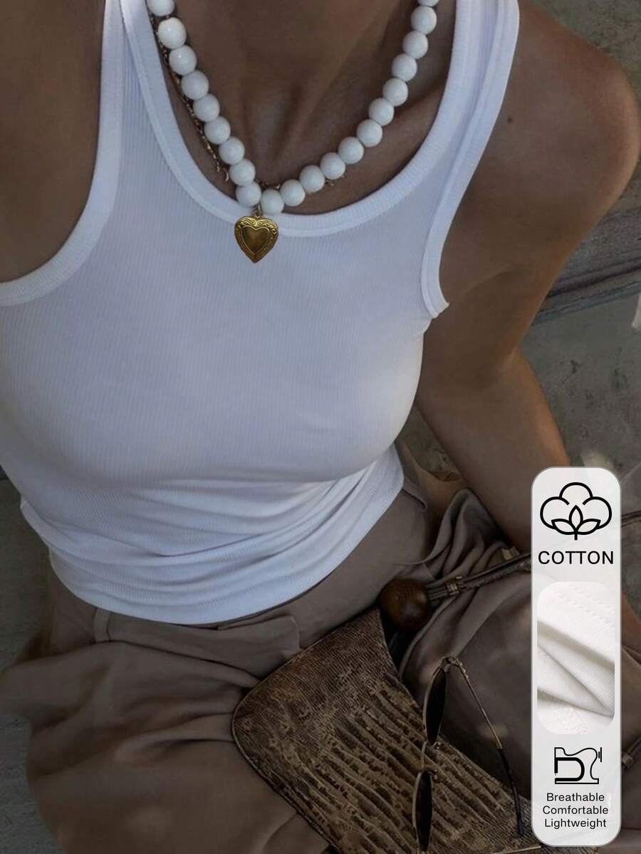 DAZY 夏季无袖圆领修身女式背心 - 白色 - 查看 1