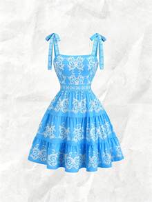 Olithes 复古极简刺绣系带吊带短裙 - 藍色 - 查看 3