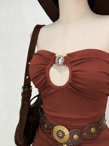 INAWLY Women's Western Style Ruched Hollow-Out Cropped Camisole Dress - Mocha Brown - View 3