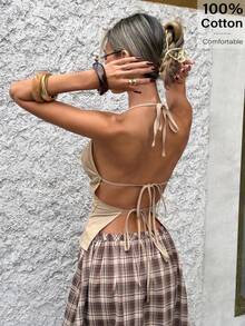 Siren Gaze 女士纯色褶皱设计时尚露背性感吊带上衣 - 卡其色 - 查看 8