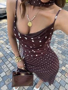 Siren Gaze Women's Polka Dot Pattern Ruched Camisole Mini Dress - Coffee Brown - View 3