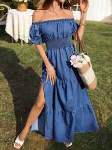 SHEIN Holidaya 女士牛仔短袖开衩性感连衣裙 - 中等水洗藍 - 查看 1