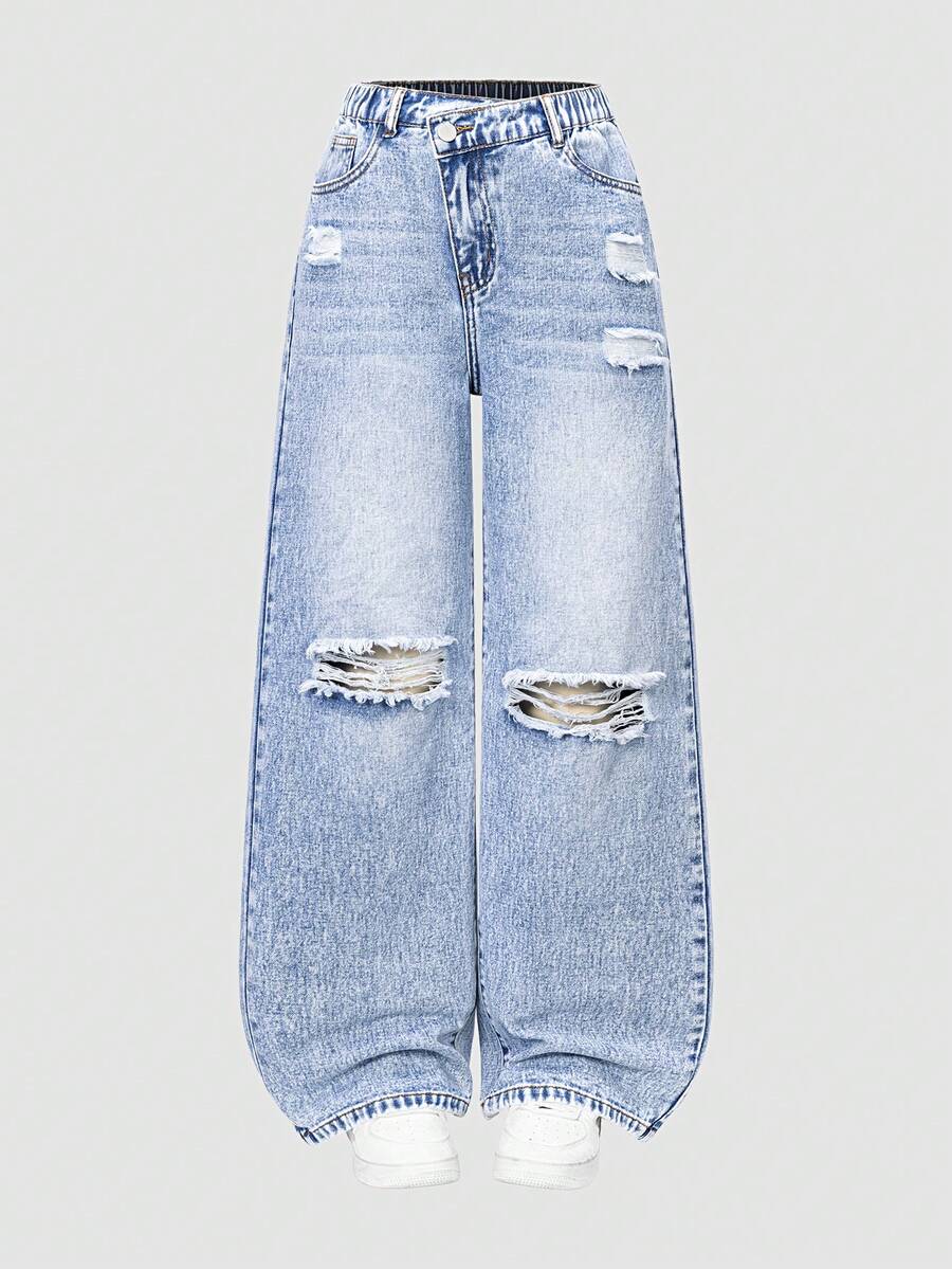 少女休闲时尚简约百搭斜襟做旧浅蓝色直筒牛仔裤 - 藍色 - 查看 1