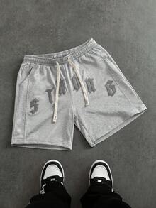 PAVTROS 男士宽松休闲字母贴布斜插口袋抽绳腰短裤 - 灰色 - 查看 3