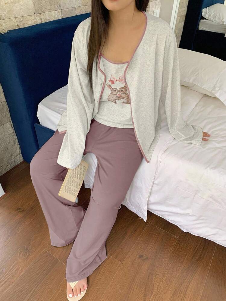 Dazy Plus 3pcs Contrast Color Cute Rabbit Print Camisole Cardigan & Solid Color Pants Pajama Set, Plus Size