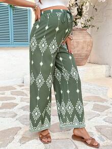 SHEIN Summer Outfit Vacation   Green Bohemian Print Maternity Loose-Fitting Pants With Elastic Waistband Maternity Geometric Pattern Tie-Waist Wide Leg Pants For Vacation - Green - View 5