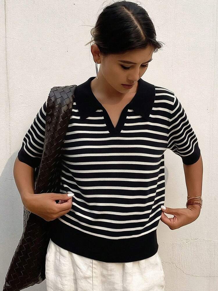 Striped Polo Collar Short Sleeve Casual Knit Top For Women, Spring & Summer