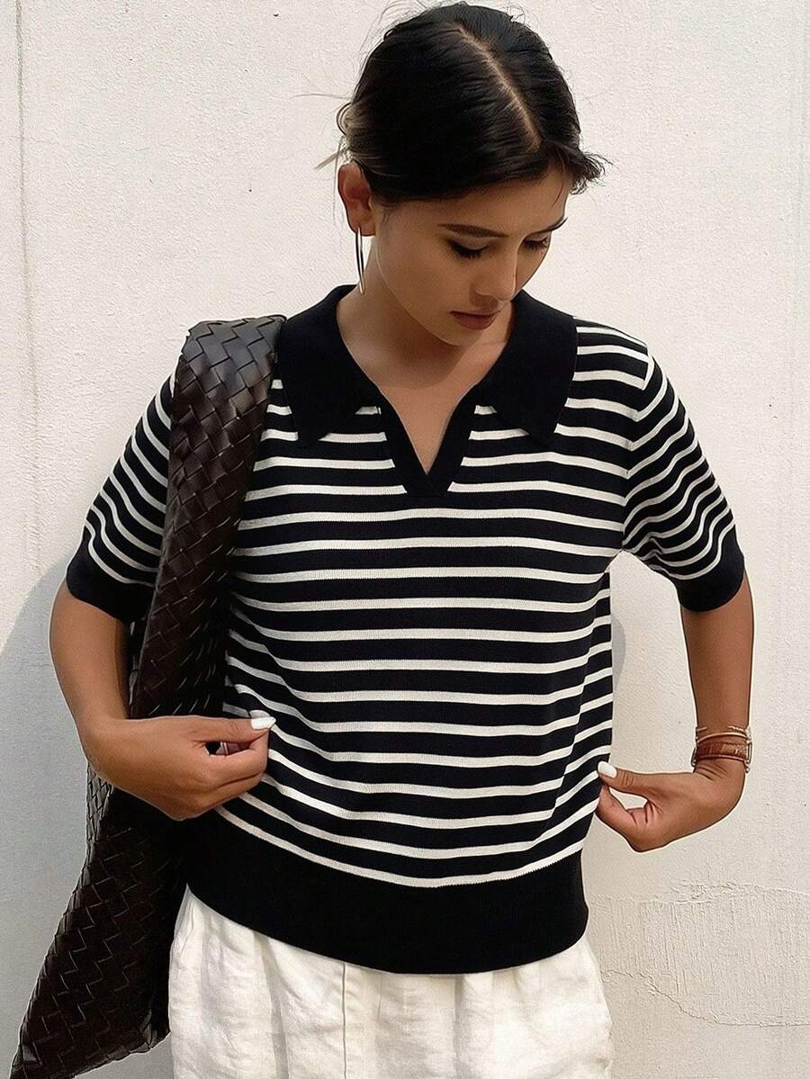 女士条纹 Polo 领短袖休闲针织上衣，春夏款 - 黑色 - 查看 1