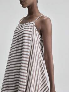 Ontre 天丝面料女士咖啡白条纹舒适柔软莱赛尔面料修身吊带V领飘逸连衣裙，波西米亚海滩度假装扮，乡村音乐节西部风情，休闲时尚低调奢华邮轮装，简约优雅高品质都市通勤办公连衣裙，四季皆宜 - 彩色 - 查看 6