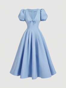 SHEIN MOD 蓝色泡泡袖V领茶歇裙——适合约会、派对、女士春夏装、春假、度假、野餐、节日、生日等场合。 - 藍色 - 查看 2