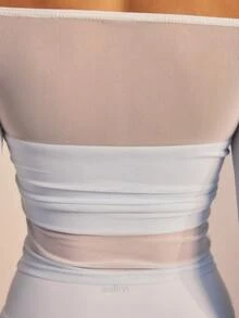 Aralina 女款 2 件組淺藍色夏季性感健身運動套裝，雙層網紗長袖露肩上衣附拇指孔，掛脖短版上衣與短褲 - 淺藍色 - 查看 6