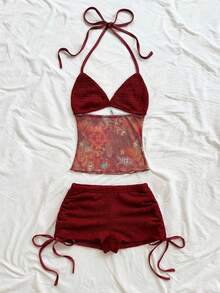 Soleia 女士复古度假风V领露背系带修身撞色上衣搭配低腰褶皱抽绳短裤两件套，适合派对、圣诞节、约会、夜店、海滩、邮轮、下午茶、波西米亚风、度假、秋季等场合。 - 酒紅色 - 查看 3