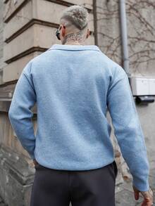 Artur Kramer ANDREILEE 男士休闲宽松通勤简约纯色百搭 Polo 领 V 领修身轻薄长袖针织衫，适合秋冬季穿着 - 淺藍色 - 查看 2