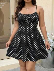 GalTyme 大码夏季休闲波点印花吊带连衣裙 - 黑與白 - 查看 6