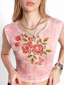 Bloopia 女士玫瑰印花镂空休闲衬衫 - 粉色 - 查看 3