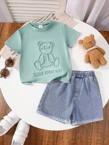 SHEIN Little Byeori 2pcs Kids Boy Casual Versatile Comfortable Round Neck Loose Short Sleeve Knit T-Shirt And Denim Shorts Set,Kids - Mint Green - View 2