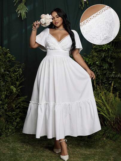Roveilla Casual French Elegant Princess Palace 3D Floral Ruffle Sleeve A-Line Short Sleeve Vacation Wedding Bridesmaid Wedding Party Plus Size Women Dress, White