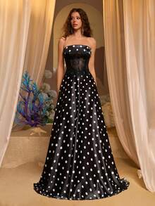 Glamrae Elegant & Luxurious Black & White Digital Print Contrast Lace Strapless Waist Cutout Maxi Formal Evening Gown - Black - View 4