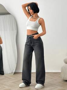 SHEIN High Waist Dark Grey Loose Straight Leg Jeans - Black - View 4