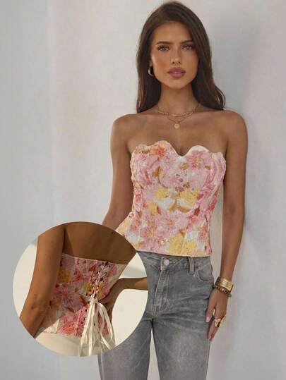 Aloruh Women's New Printed Crop Top, Bustier Style Bralette, Party, Vintage Chic Y2K