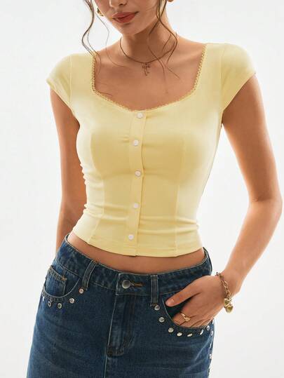 Poéselle 女士纯色心形领单排扣修身T恤