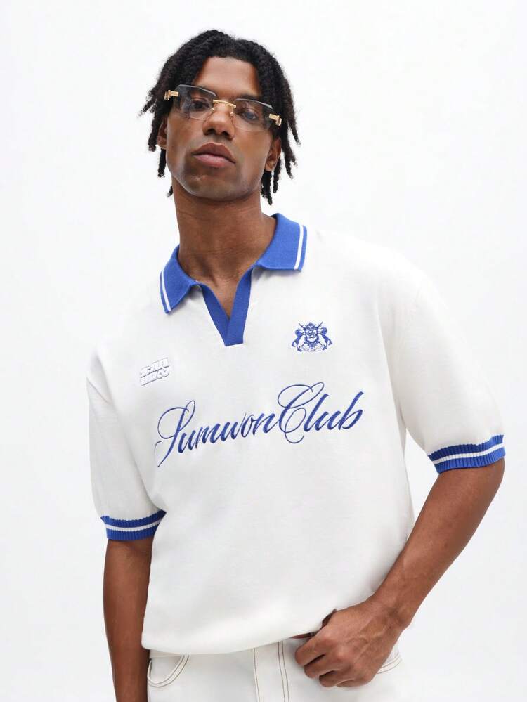 Camisa polo de punto de ajuste regular para hombres con cuello azul contrastante y gráficos con texto, manga corta, casual de verano