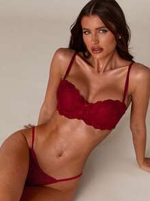 SHEIN BAE Bộ đồ lót ren viền nơ dây mảnh màu trơn dành cho nữ - Màu Đỏ Sâu - Xem 6