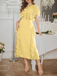 Modelyn Women's French Design Ruffle Sleeve Tie Waist Dress - Yellow - View 3