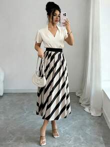 GlowEve Rochie de damă cu dungi, model patchwork, linie A, talie flatantă, elegantă, de zi cu zi, pentru vacanță, naveta, la modă, întâlnire, stil francez, stradă, retro, versatilă, cu mânecă scurtă, culoare caisă și dungi, patchwork, nouă, lungime medie - Multicolor - Vizualizare 9