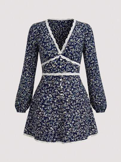 Olithes 女式V领碎花蕾丝拼布长袖度假连衣裙