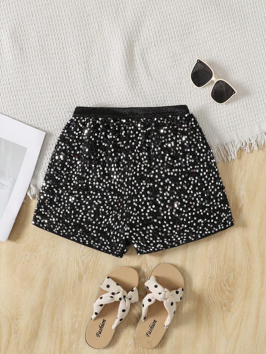 SHEIN 少女休闲度假串珠阔腿短裤 - 黑色 - 查看 1
