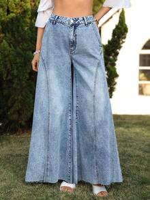 Breezaya Quần jeans ống rộng nữ có túi và cúc, kiểu dáng thường ngày, đa năng. - Màu xanh lam - Xem 5