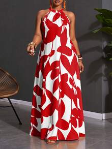 Slaydiva 2026 Spring/Summer Plus Size Women's Geometric Print Halter Neck Dress Wrap Around Dresses For Ladies Women's Talk Dress Women's Wrap Dress Wow Dress - Red - View 7