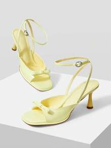 MOTF PREMIUM Dép cao gót nữ thanh lịch thắt nơ, thiết kế nơ tinh tế, phần mũi rộng rãi thoải mái, gót mảnh vừa phải, thích hợp cho hẹn hò, màu đỏ Angora. - Màu vàng nhạt - Xem 10