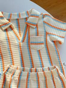 SHEIN 3件套男女宝宝休闲条纹短袖polo衫、衬衫、针织上衣和短裤套装，春夏宝宝服装 - 彩色 - 查看 7