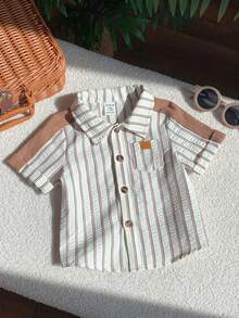 SHEIN 男女宝宝休闲可爱条纹短袖衬衫上衣，婴儿衬衫 - 杏色 - 查看 7