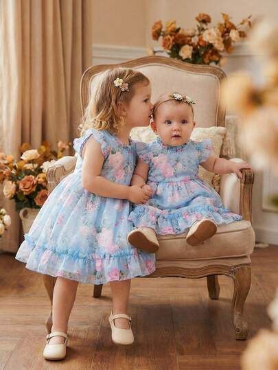 Elladie kids Baby GirlRose Print Sleeveless Floral Puff Dress, Zipper Back, Elegant & Chic, Suitable For Daily Wear, Commute, Sweet & Cute Princess Dress Blue And Pink Toddler Dress Toddler Tea Party Dress Baby Girl Blue Floral Dress Summer Elegant Baby Dress Toddler Blue Floral Dress