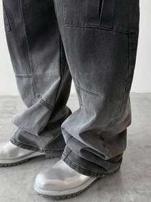 PAVTROS Men's Street Fashion Casual Multi-Pocket Patched Pleated Wide-Leg Black Jeans - Black - View 6