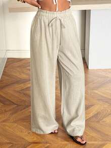 SHEIN EZwear Khaki Woven Women's Drawstring Waist Wide Leg Loose Pants - Khaki - View 4