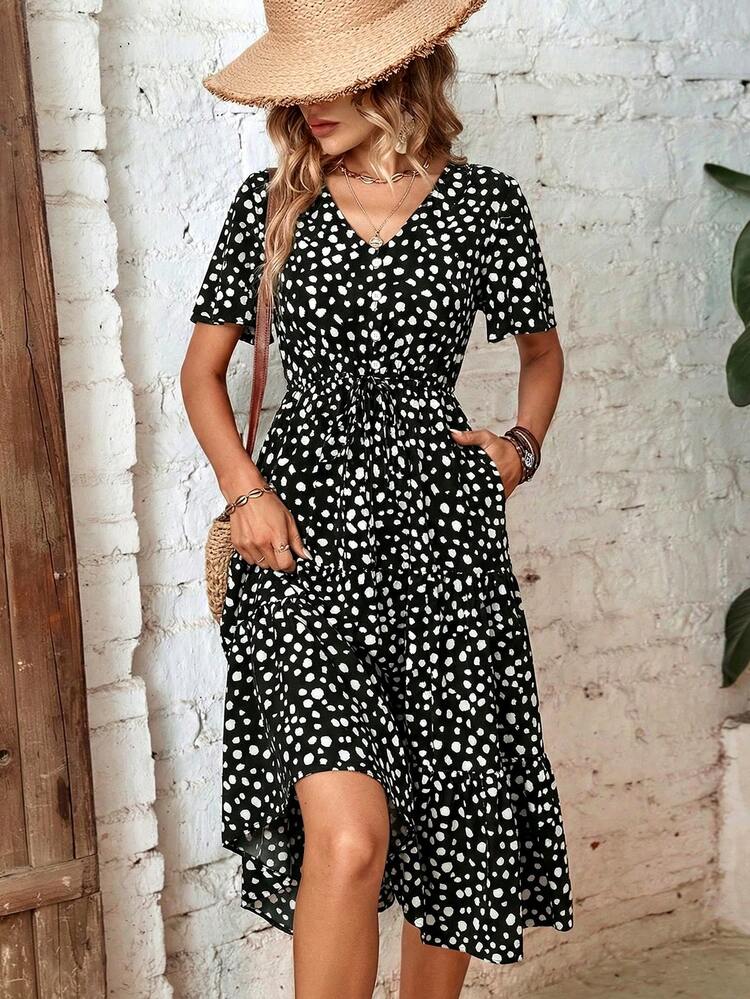 EMERY ROSE Dalmatian Print Knot Front Ruffle Hem Dress Maxi Women Outfit - Black - View 1