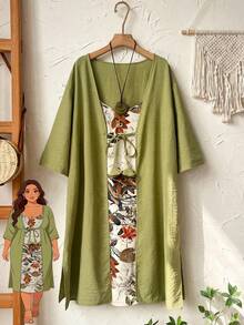 EMERY ROSE Conjunto de 2 peças plus size com jaqueta lisa e vestido camisola com estampa floral. - Multicolorido - Ver 3