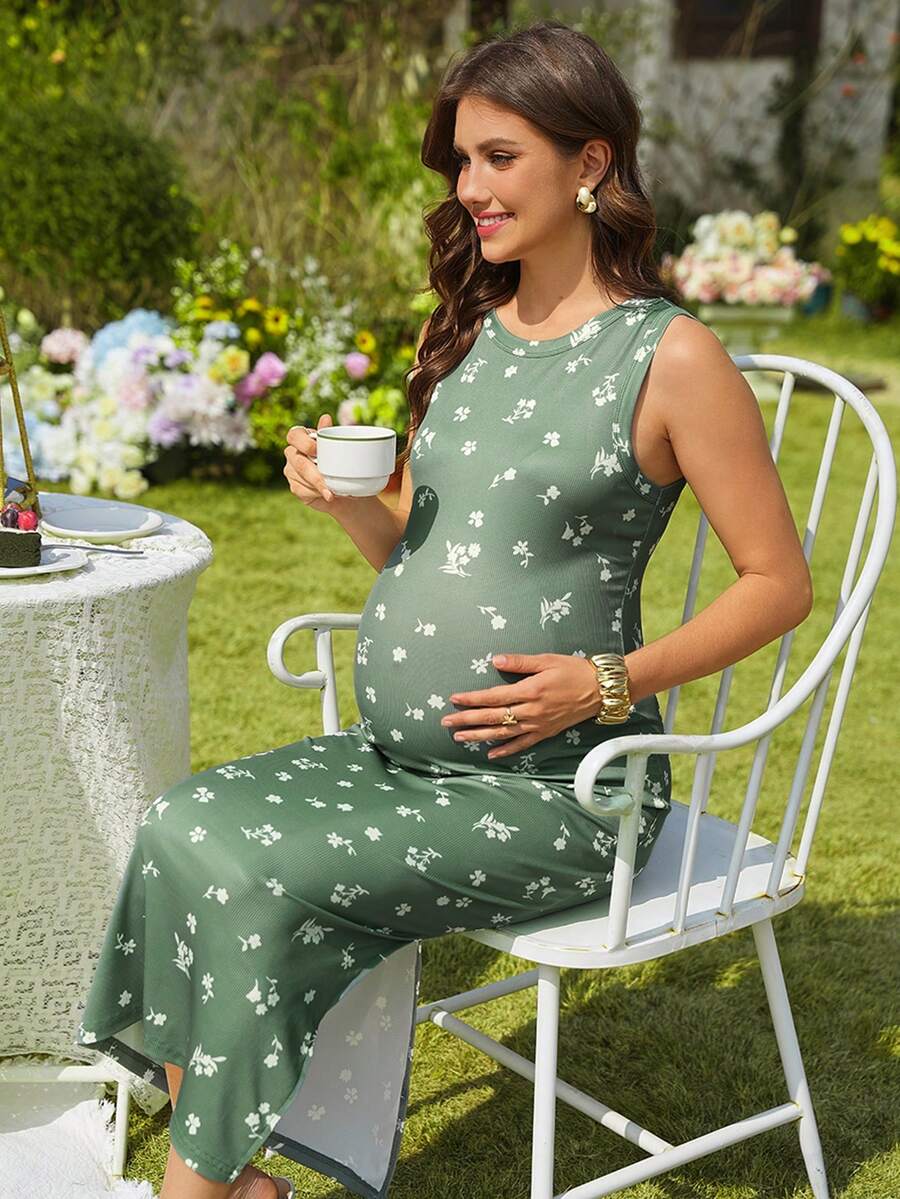 SHEIN Printed Sleeveless Dress, Casual Slit Design, Suitable For Pregnant Women - Green - View 1