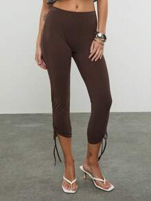 COUREZ 低腰系带针织七分裤 / Y2K 春季女装 棕色七分裤 可爱外出装 夏季度假装 夏季假日装 性感装 - 棕色 - 查看 1