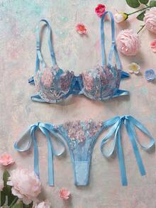2pcs/Set Women Sky Blue Embroidered Lace-Up Lingerie Set - Baby Blue - View 6