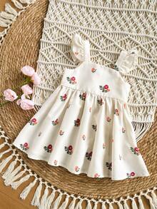 女婴可爱碎花荷叶边休闲连衣裙，杏色 - 卡其色 - 查看 7