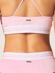 Missguided x Playboy Women's Velour Bralette And Hipster Panty Set With Contrast Elastic Tape And Cross Back Straps - Pink - View 4